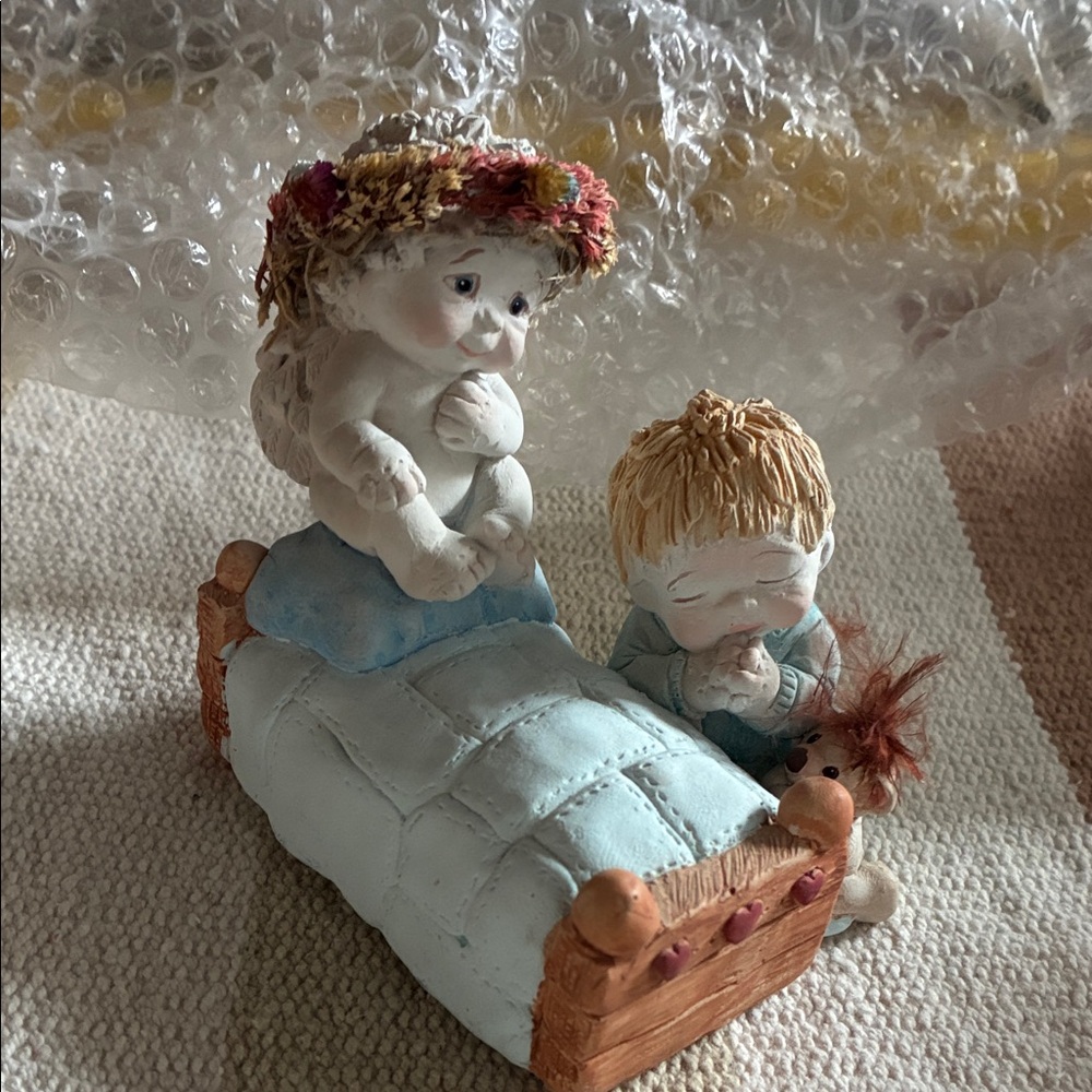 Charming Angel and Child Figurine with Bed
